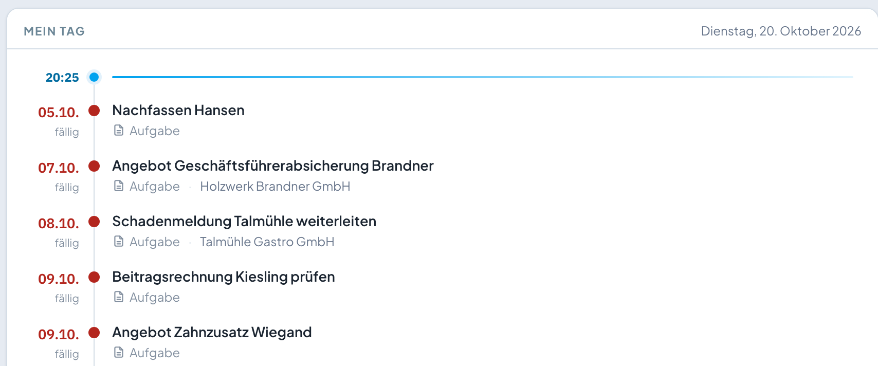 Ausschnitt aus der Startseite: die Karte „Mein Tag“ mit einer überfälligen Aufgabe in Rot, dem nächsten Termin in Blau und einer heute fälligen Aufgabe in Grau.